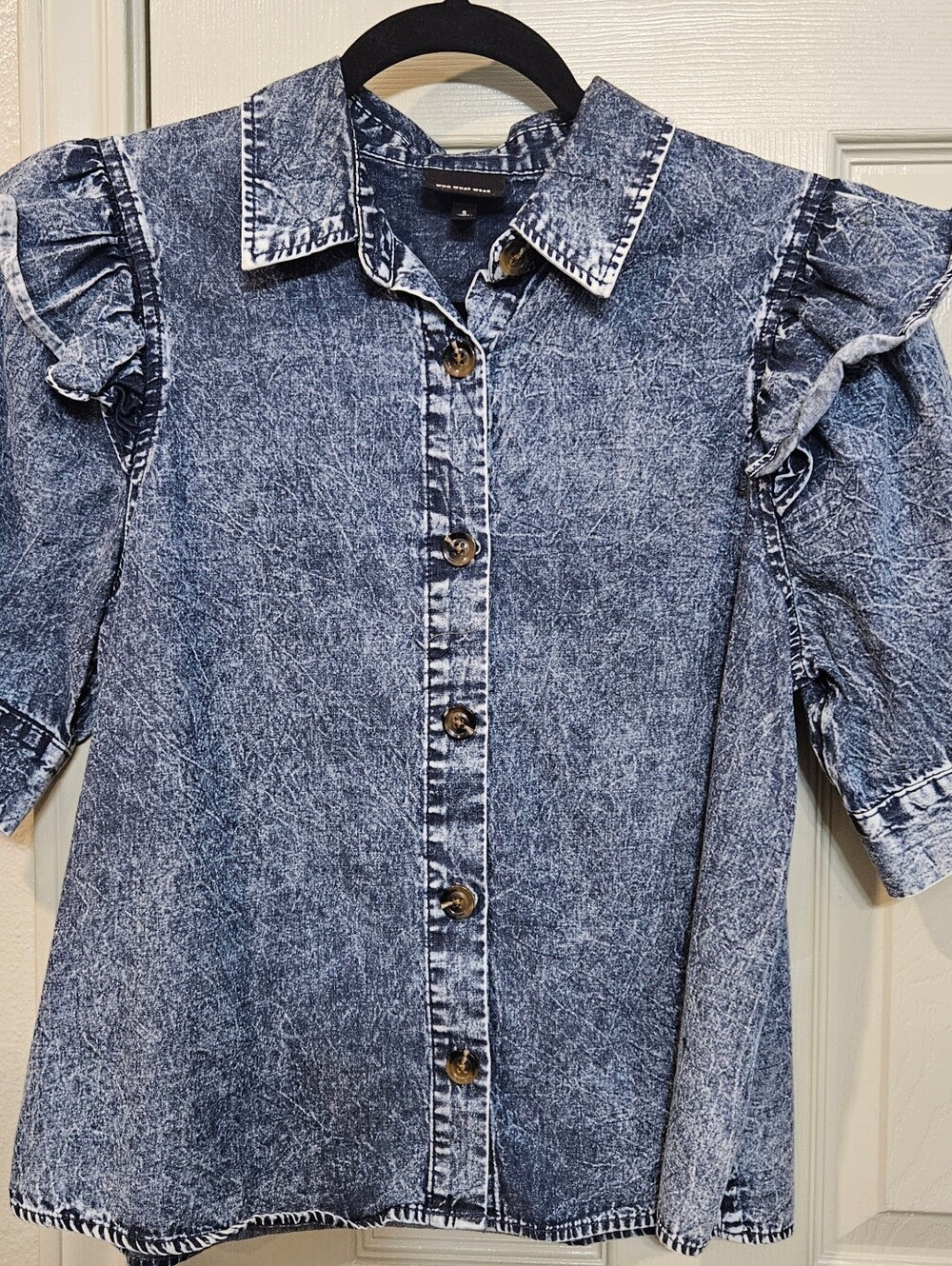 Who What Wear Acid Wash Denim Button-Front Puff Sleeve Top - Blue